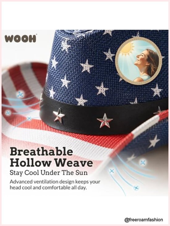 Straw Cowboy Hat with American Flag Pattern, Sun Protection, Breathable main image 5